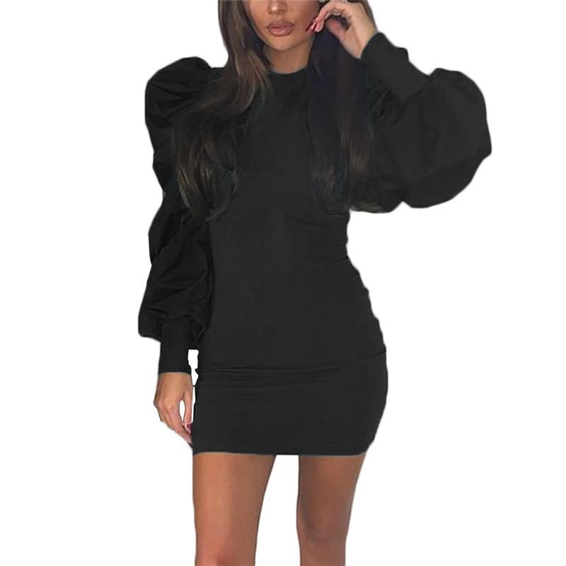 Women Lady Elegant Long Puff Sleeve Pencil Dresses Sexy Patchwork Slim Club Party Bandage Bodycon Mini Dress Outfit Female 2021 Casual