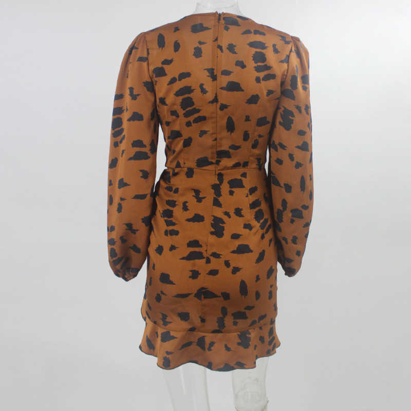DEAT Spring Summer Women's Dress Ruffle Leopard Long Sleeve A-line Dress Sexy V-neck Dress HR315 210709
