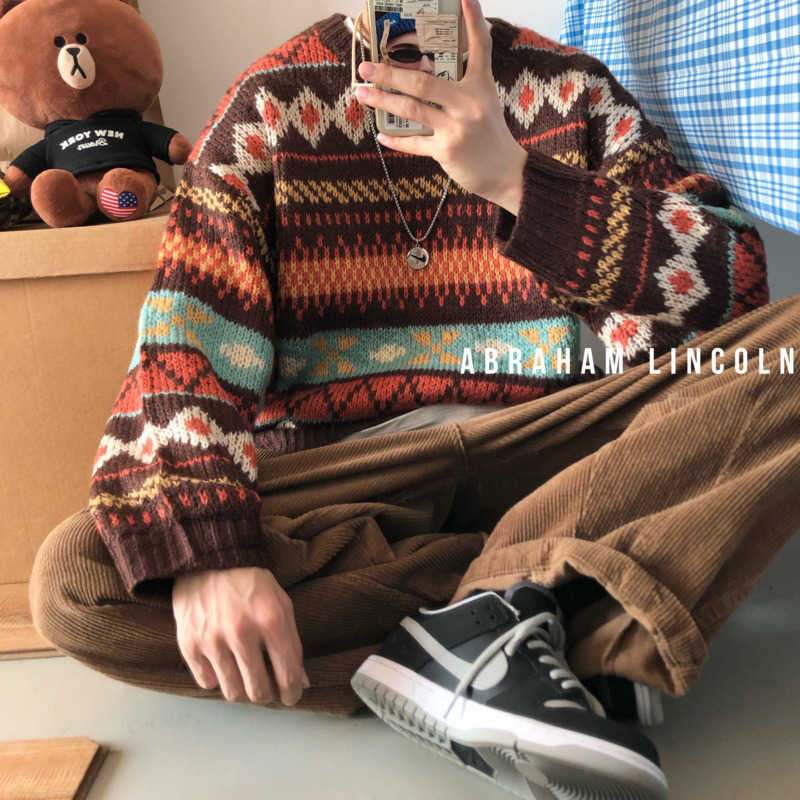 Winter Sweater Men's O-neck Thickened Warmth Korean Street Style Men's Pullover Loose Harajuku Printed Sweater Men 211018