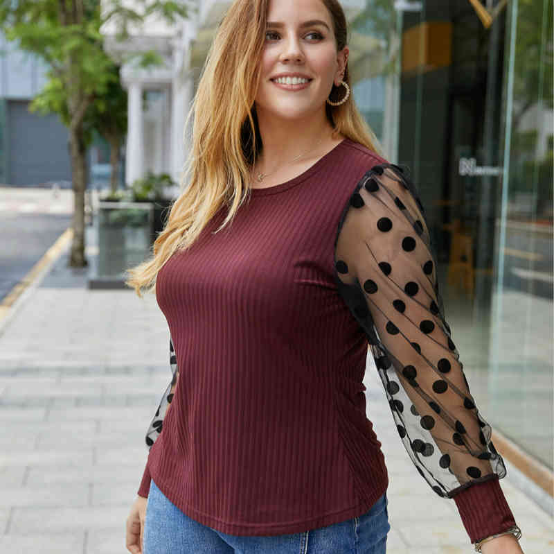 Plus Size Women T-shirts Casual Polka Dot Mesh Patchwork See Through Long Sleeve Tees Autumn Elegant Female Loose Pullover Tops 210522