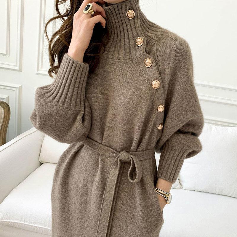 Casual Dresses Winter Warm Turtleneck Button Knitted Dress Women Long Sweater Female Vestidos, Beige
Casual Dresses Winter Warm Turtleneck Button Knitted Dress Women Long Sweater Female Vestidos, Beige