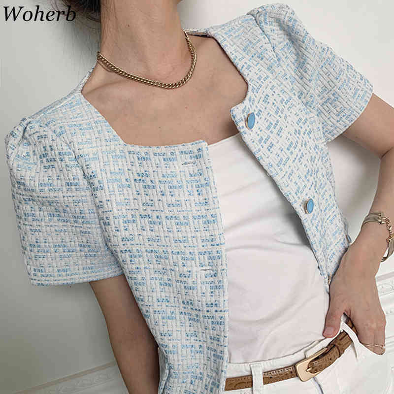 Vintage Women Jackets Summer Korean Chic Short Sleeve Coat Square Collar Casual Tweed Jacket Outwear Femme 210519