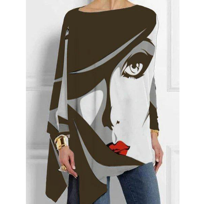 Plus Size White-Black Abstract Vintage Tops Women Loose Crew Neck Cotton Casual Shirts Long Sleeve Irregular T-shirt Print 210406
