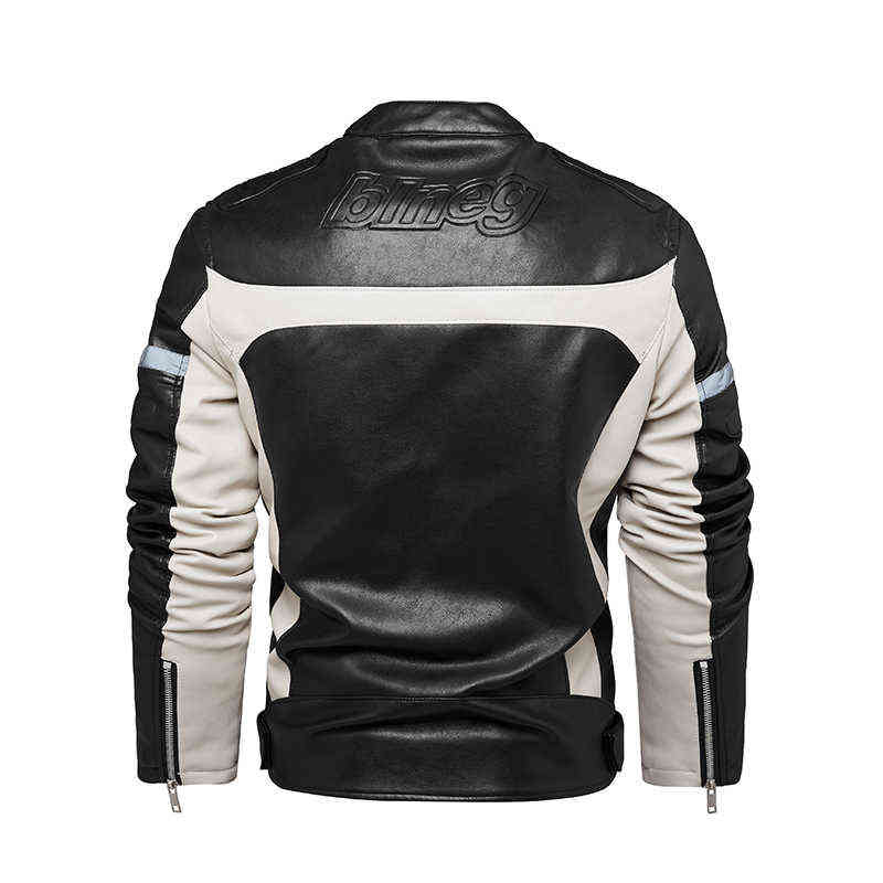 Men's Fashion PU Leather Jacket Night Reflective Motorcycle Jacket Warm Patchwork Winter Coat with Zipper Pocket 211106