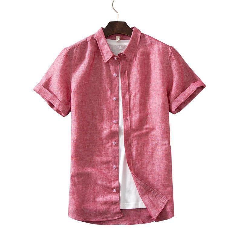 Men's Casual Shirts 2021 Summer Linen Shirt Fashion Classic Style Solid Color Short Sleeve White Male Brand Clothes Pink Gray