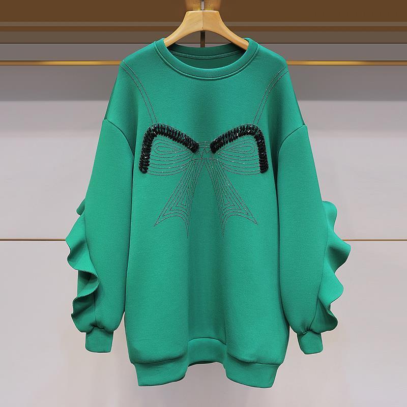 Nomikuma Korean Beads Diamonds Bowknot Pullover Sweatshirt Ruffle Patchwork Long Sleeve Hoodies Autumn Medium-long Jumper 6C726 210427