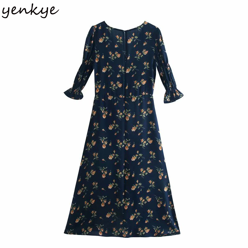 YENKYE Chiffon Summer Dress Women Vintage Prairie Chic Floral Print Dress Female V Neck Sexy Hem Slits A-line Midi Robe Femme 210515