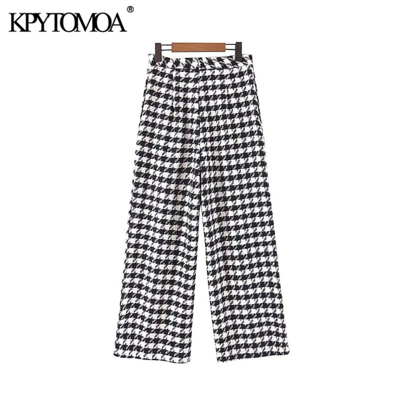 Stylish Office Wear Houndstooth Straight Pants Women Fashion High Waist Zipper Fly Pocket Ladies Ankle Trousers 210420