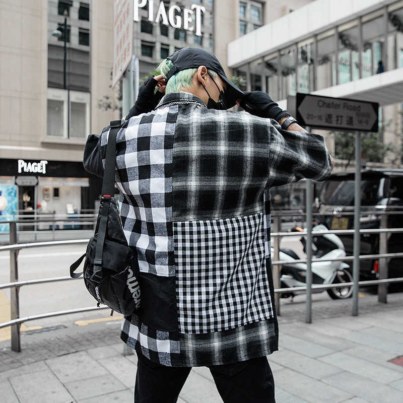 Cargo Shirts Men Summer Plaid Hip Hop Streetwear Color Block Harajuku Short Sleeve Checkered Casual 210527