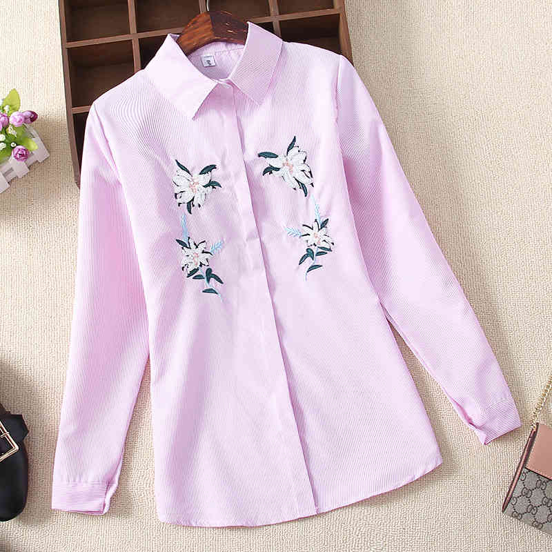 Fashion Women Shirts Long Sleeve Casual Tops Office Lady Embroidery Floral Turn-down Collar Clothing 5140 50 210506