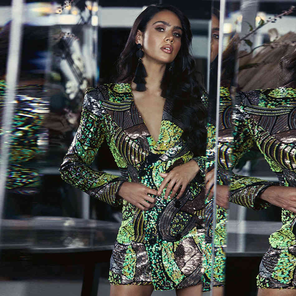 Spring Fashion Long Sleeve Dress For Women Sexy V Neck Green Sequins Mini Celebrity Club Evening Party Lady 210423