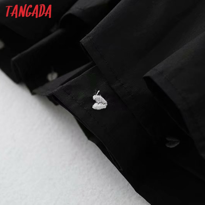 Women Heart Embroidery Black Dress Long Sleeve Pleated Females Mini Dresses Vestidos 5B19 210416
