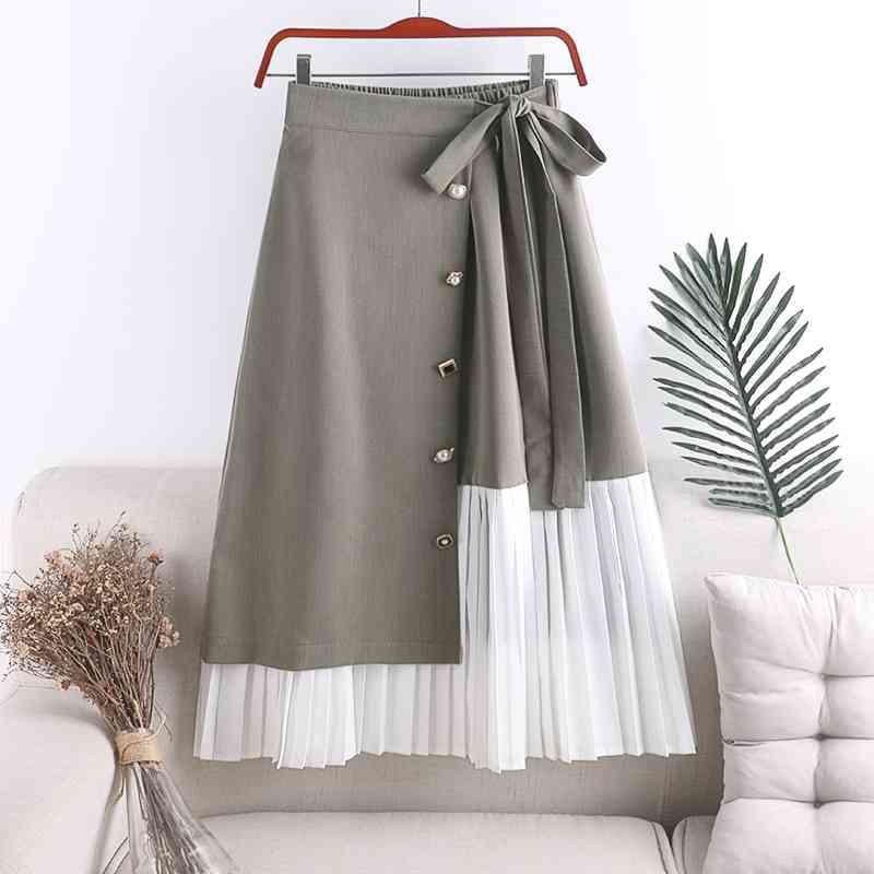 Nomikuma Korean Buttons Irregular Patchwork Women Skirt Bow Tie Stretch High Waist Skirts Causal Spring Autumn New Faldas 6E333 210427