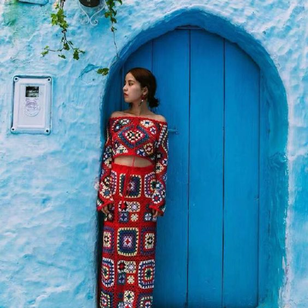 Sexy Bikini Cover-ups Handmade Crochet Boho Off Shoulder Two-Pieces Suit Maxi Dress Vintage Women Beach Cover up Chic Skirt A443 210420