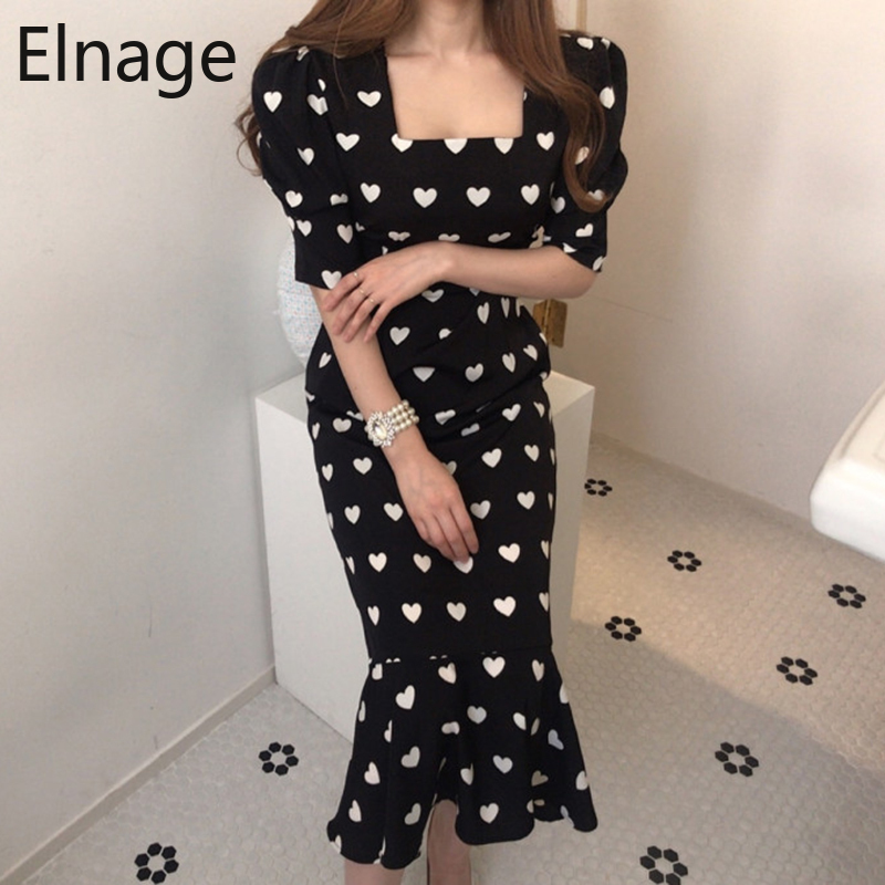 Spring Summer Chic Women Dress Half Sleeve High Waist Heart Print Female Casual Square Collar Office Lady 5B050 210429