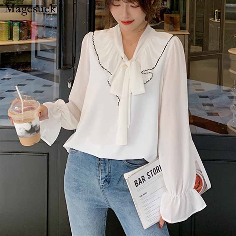Sweet Solid White Chiffon Blouses Loose Tops Korean Bow Flare Long Sleeve Shirts Women Autumn Female Ropa De Mujer 10604 210518, Black
Sweet Solid White Chiffon Blouses Loose Tops Korean Bow Flare Long Sleeve Shirts Women Autumn Female Ropa De Mujer 10604 210518, Black