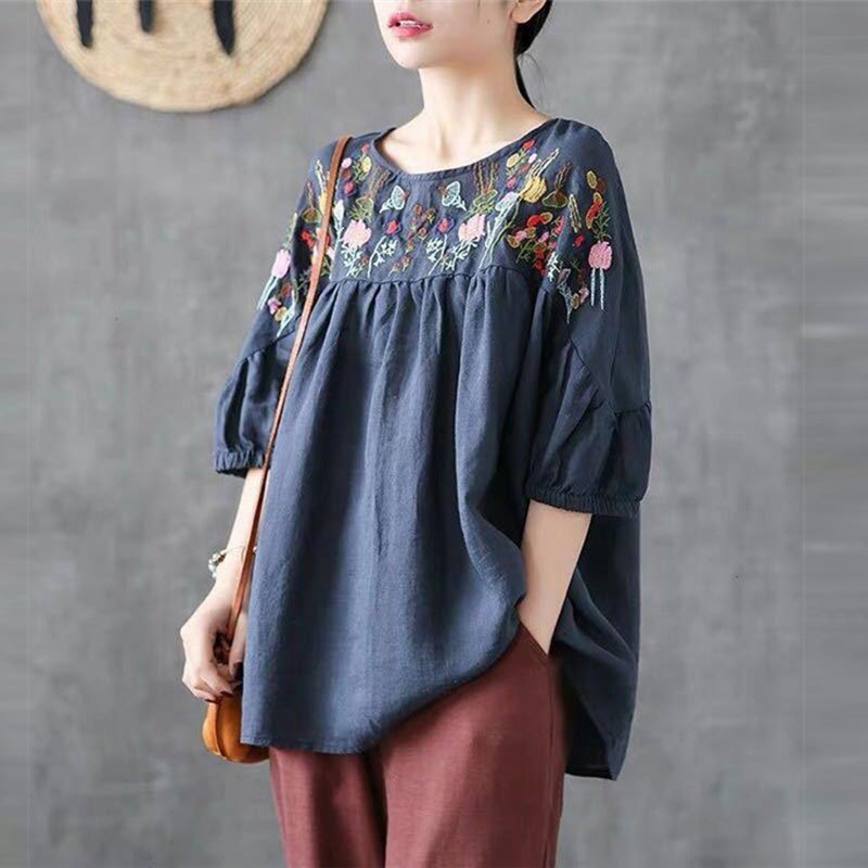 Summer Cotton Linen Tops Plus Size Floral Embroidery Vintage Loose Casual Tshirt Lady O-neck Short Sleeve Tee Shirt P13 210512