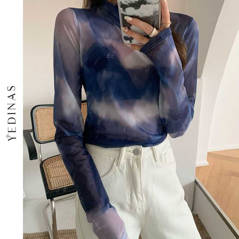 Yedinas Tie Dye Mesh Tops Sexy Turtleneck Summer T-shirt Women Spring See Through Long Sleeve Tshirts Y2k Fashion T Shirts 210527