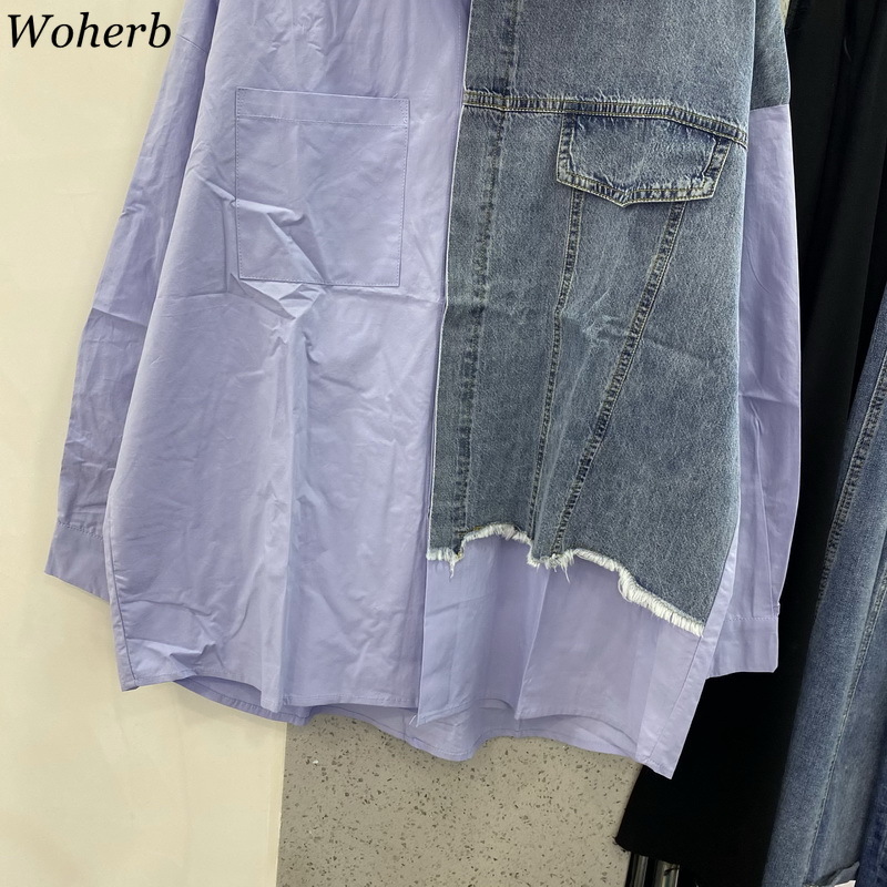 Color-blocked Denim Women Shirt Turn-down Collar Single-breasted All Match Tops Casual Fashion Asymmetrical Shirts 210519