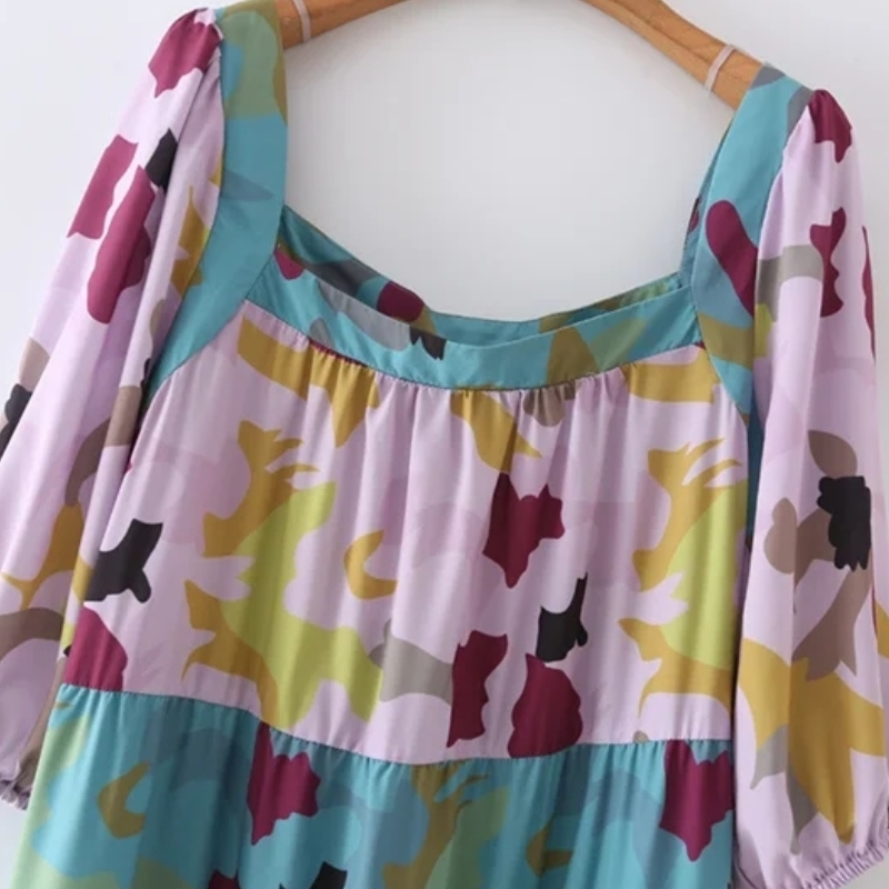 Summer Women Digital Printing Splicing Tiered Dress Female Puff Sleeve Clothes Casual Lady Loose Vestido D7783 210430Z