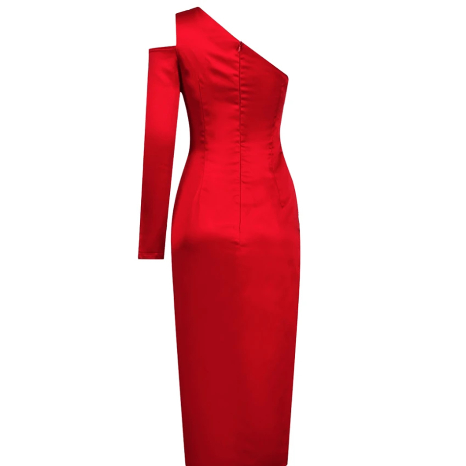 Free Women Red Satin Dress Vestidos Sexy One-shoulder Hollow Long Sleeve Bodycon Split Draped Club Party 210524