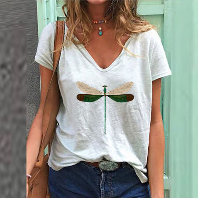 Women's Summer Fashion Printed Dragonfly V Neck T Shirt Female Plus Size Loose Short Sleeve Tops S-3X 210406