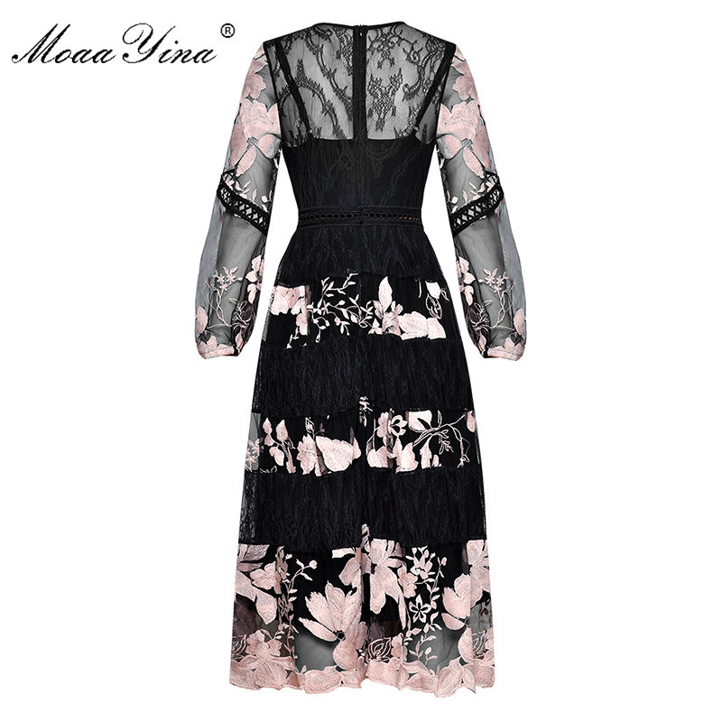 Vintage Fashion Dress Spring Women's Lantern sleeve see through Mesh Floral Embroidery Sexy party Long 210524