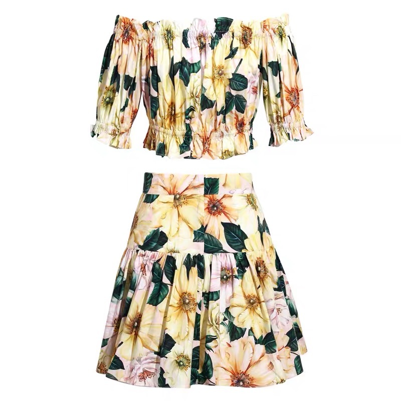 runway stylish yellow flower printed ruched slash neck short summer tops women mini skirt two pieces set lady fashion 210421