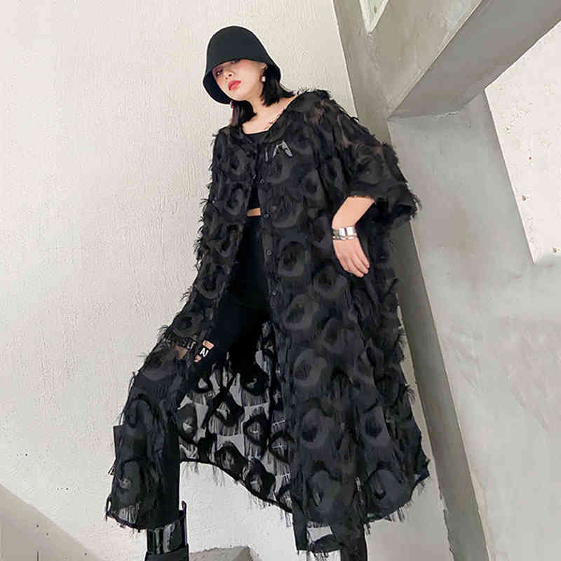 [EAM] Women Black Feather Split Big Size Dress New V-Neck Three-quarter Sleeve Loose Fit Fashion Tide Spring Summer 1T159 210409