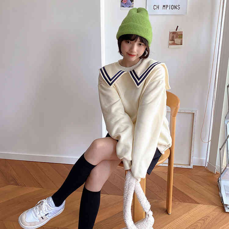 2 colors autumn winter preppy style Women big turn down collar large warm thick Sweatshirt Womens pullovers (F4159) 210423