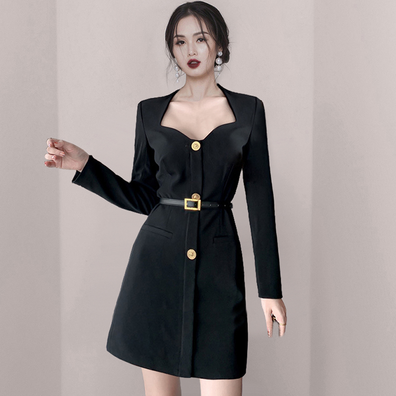 Spring Long Sleeve Vintage Dresses Women Office Lady Casual Black Single-Breasted Mini Vestidos With Belt 210520