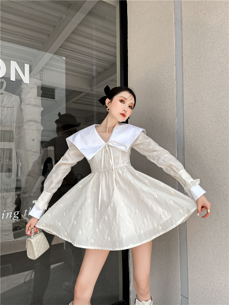 Sailor Collar Jacquard Long Sleeve Mini Dress Women Tie Neck Tunic A Line Fashion Korean Outfit Spring 210427