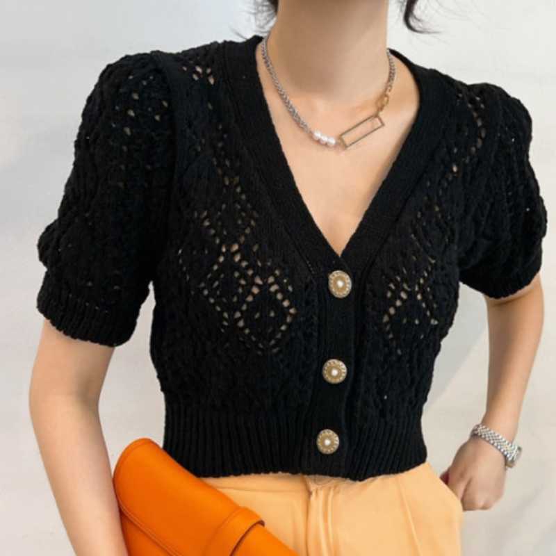 Korean Hollow-out Short Knitwear Sexy Slim Puff Sleeve V-neck Knitted Cardigan Summer Women Jumpers 6J022 210603