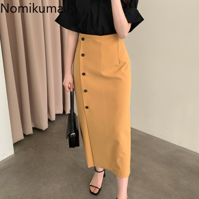 Nomikuma Woman Skirts Vintage Single Breasted High Waist Korean Skirt Causal Fashion Split Faldas Mujer Moda New 6G730 210427