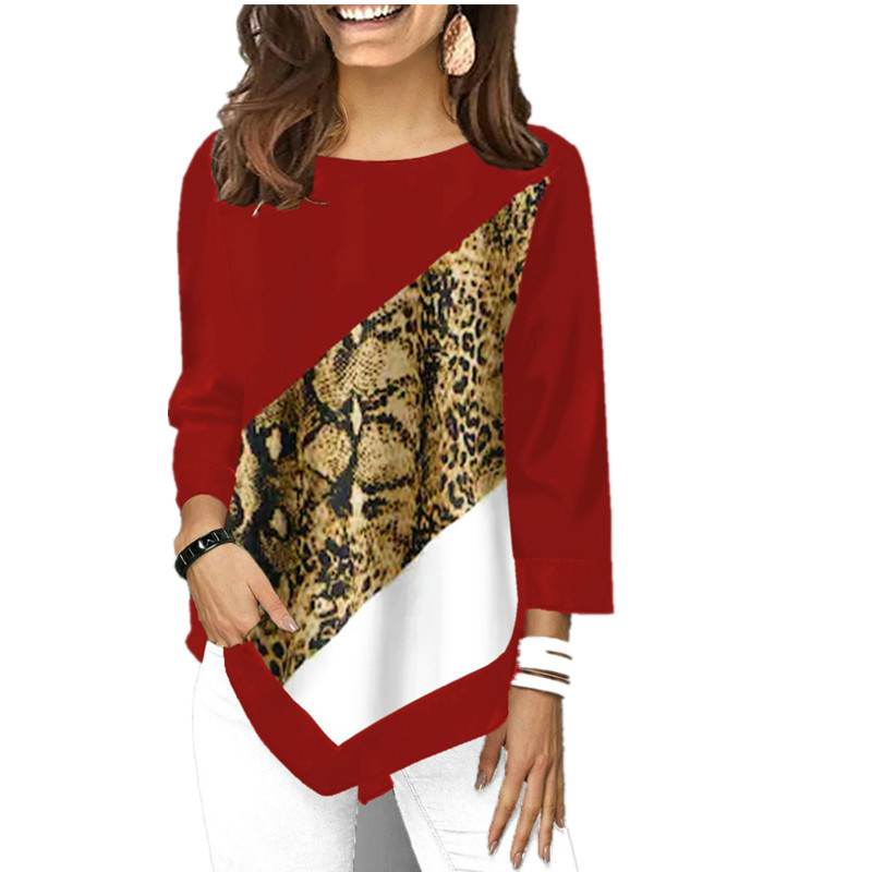 Women's T Shirt Spring Autumn Printed Stitching Long Sleeve T Shirt Ladies Casual Round Neck Plus Size Tops XS-5XL 210406