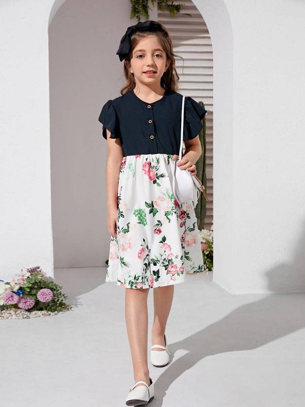 Girls Floral Print Ruffle Trim Dress SHE