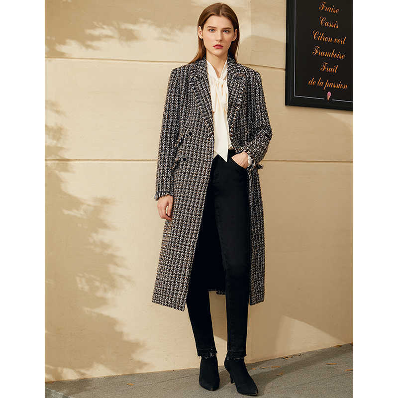 Minimalism Autumn WInter Temperament Women's Jacket Fashion OLstyle Lapel Plaid Calf-length Coat Female 12070583 210527