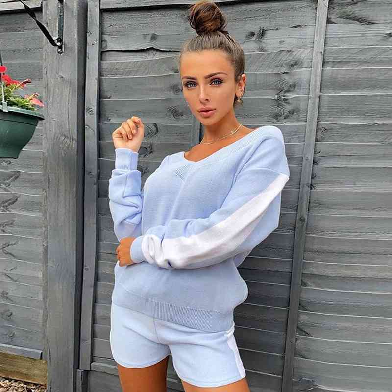 Tracksuit Women Autumn Winter Women's Contrasting Color Long Sleeve V-neck High Waist Shorts Casual Suit women 2 piece set 210508