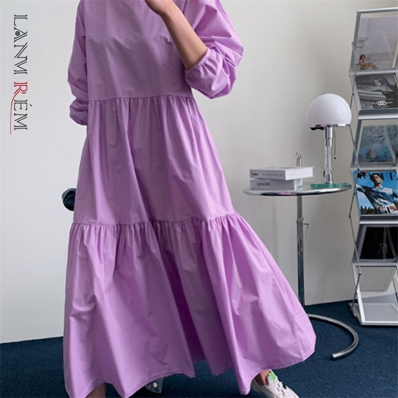 Summer Dress Long Sleeve Round Neck Solid Color Female Temperament Loose Fit Fashion 2H202 210526, Purple 
Summer Dress Long Sleeve Round Neck Solid Color Female Temperament Loose Fit Fashion 2H202 210526, Purple