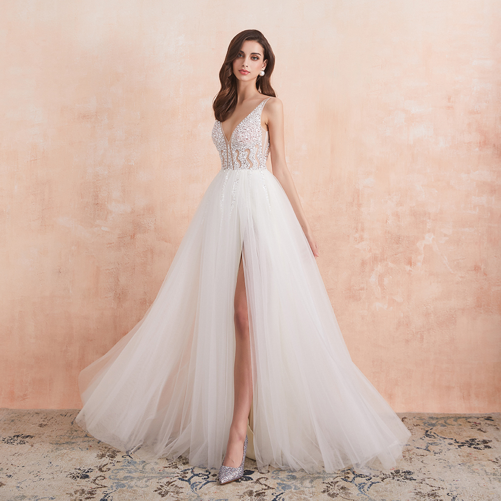V Neck Wedding Dress White Ivory Sexy High Splits Beaded Beading Pearls Crystal A Line Backless Bridal Gown Vestido De Noiva Robe Mariage