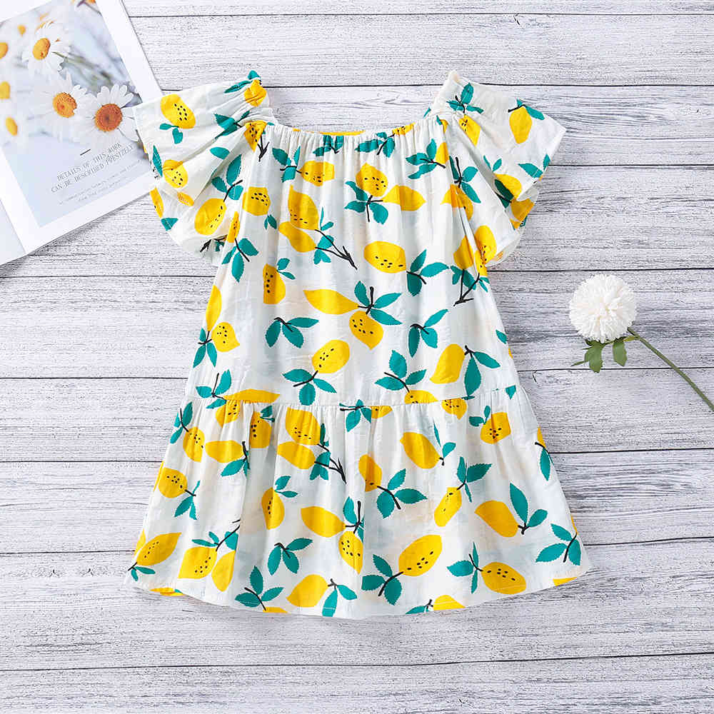 Fashion Square Neck Lemon Print Dress For Girl Children Clothing Summer Cute Flying Sleeve 210515