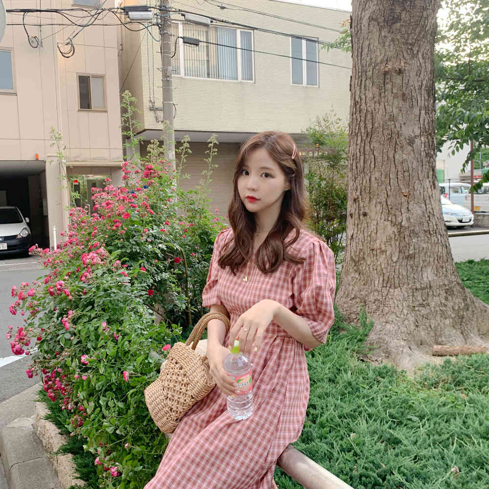 square collar Summer Women Cotton Linen Casual half Sleeve Dresses Female Dress plaid pink Boho Robe Femme Vestido 210417Z