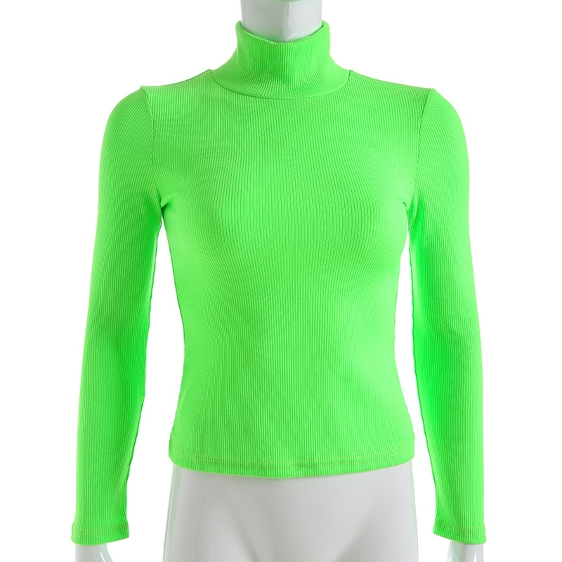 Solid Color Harajuku Turtleneck Cotton T Neon Yellow Green Knitted Crop Long Sleeve Korean Style Top Tee Shirt Haut Femme 210406