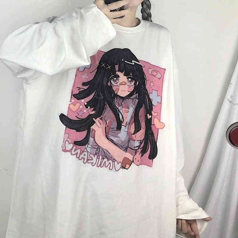 japan sweet tshirt women t shirt ins Harajuku bf retro tops girl anime printing loose long-sleeved t-shirt female student top 210406