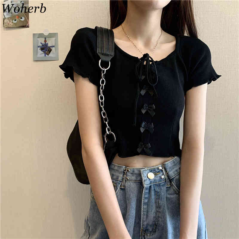 Short Sleeve Crop Top Women Thin Knitwear T-shirt Korean Chic Bow Bandage T Shirts Loose All Match Stylish Tee Tops 210422