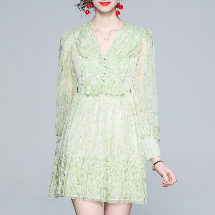 Elegant Dresses For Women Lantern Sleeve Sweet Chiffon Flowers Ruffles party Summer High Waist Casual Slim Female 210519