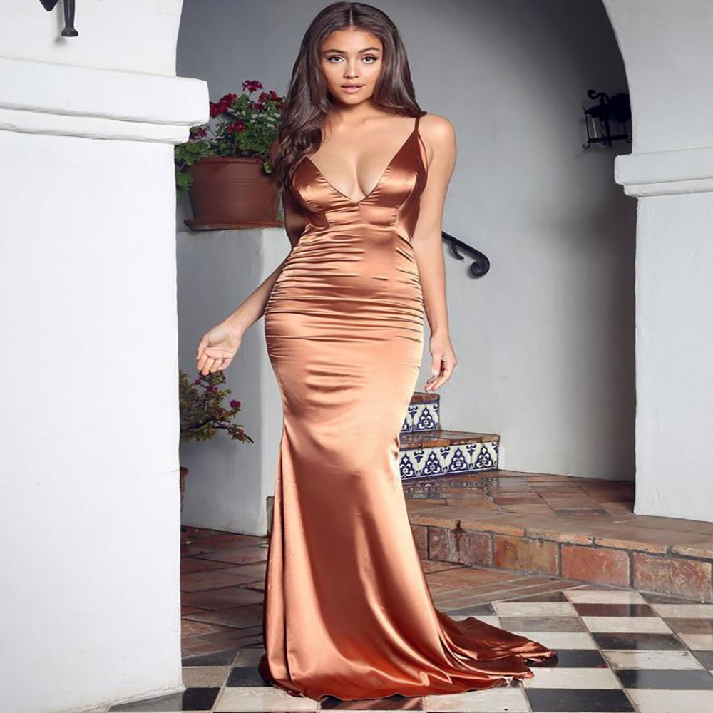 Deep V Neck Dark Orange Mermaid Evening Dress Sexy Backless Silk Satin Long Party Prom Dresses Formal Women Elegant Robe Soirée De Mariage