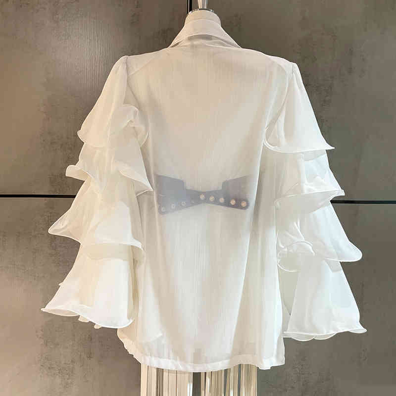 Loose Patchwork Ruffle Blouse For Women Notched Long Sleeve Casual Korean Shirt Female Fashion Clothing 210524