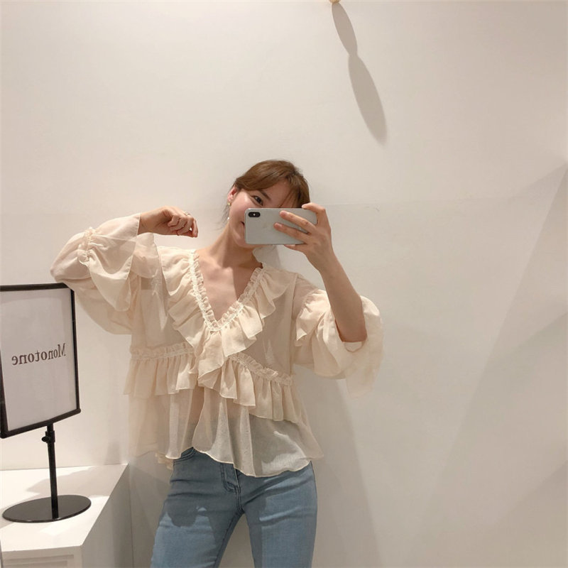 Comelsexy Korean Ruffles Chic All Match Summer Loose Casual Tops V-Neck Sweet Clothe Fashion Women Solid Blouses 210515