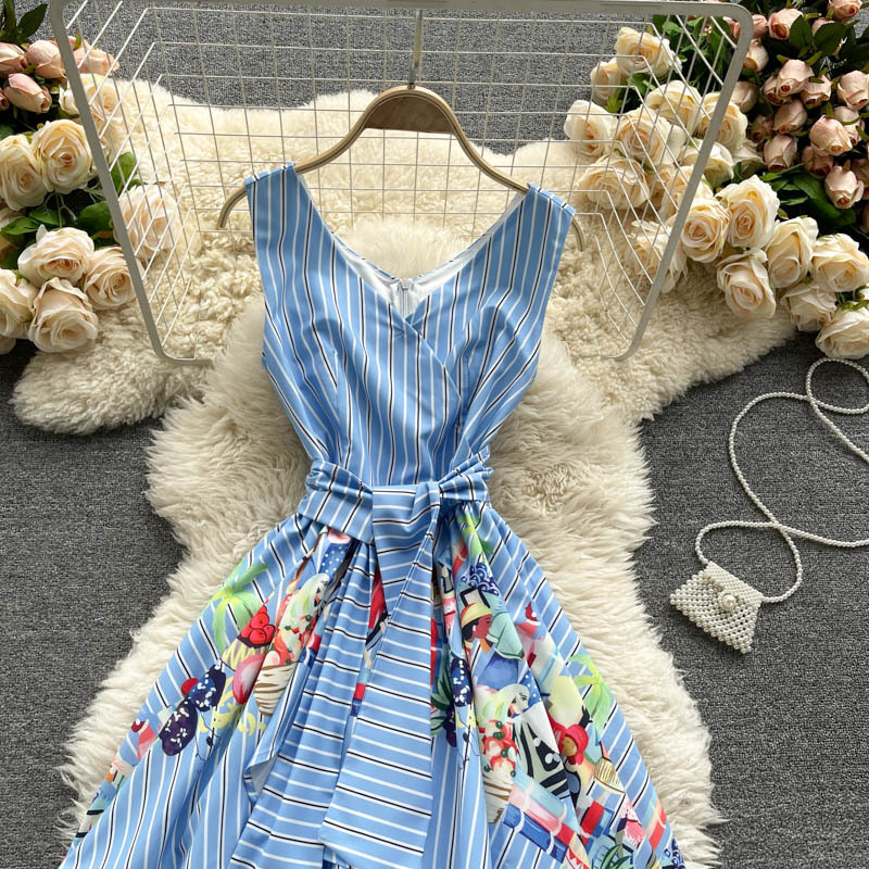 Summer Chic Irregular Ruffles Short Dress Women Retro Stripe Tank Dress Korean Fashion V Neck Sleeveless A-line Dress 210521